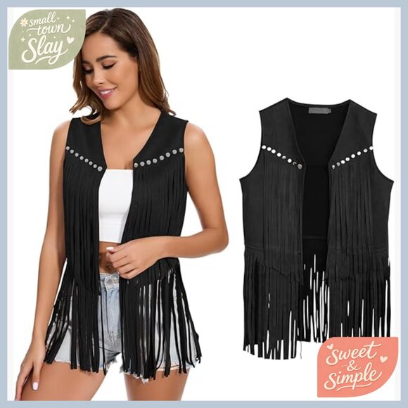 Jackets & Blazers - Large Faux Suede Fringe Vest 60s 70s Hippie Western Tassel Sleeveless